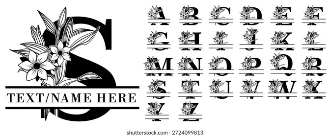 set de letras de alfabeto floral de flores de monograma dividido, diseño de Vector de fuente de monograma  