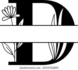 Split monogram letter D vector. Alphabet floral initial logo D