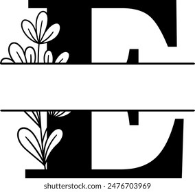 Split monogram letter E vector. Alphabet floral initial logo E