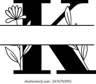 Split monogram letter K vector. Alphabet floral initial logo K