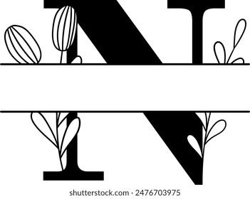 Split monogram letter N vector. Alphabet floral initial logo N