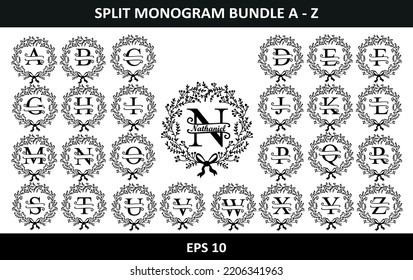 Split Monogram Letter, Set of letters to create a monogram. Monogram alphabet. Vector illustration. Set of initial decorative
 plant monogram split letter vector