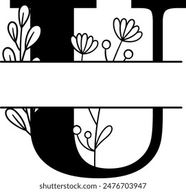 Split monogram letter U vector. Alphabet floral initial logo U