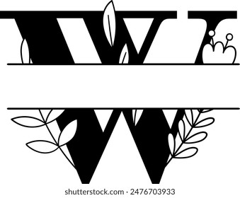 Split monogram letter W vector. Alphabet floral initial logo W