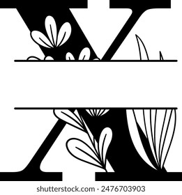 Split monogram letter X vector. Alphabet floral initial logo X