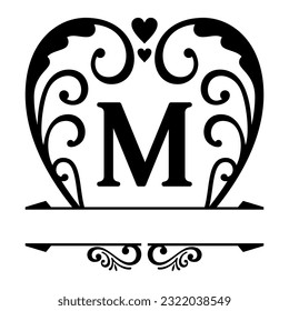 Split monogram letters M with vintage ornament , Elegant logo design elements. Business signs, logos, identity, spa, wedding, hotels, badges