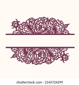 Split monogram with peony flowers, laser cut template, vector.