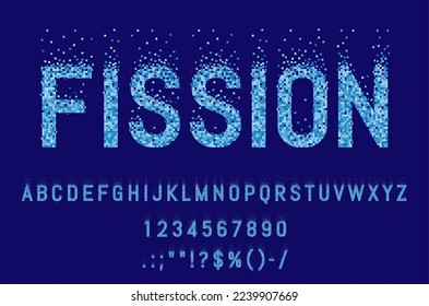 Split mosaic pixel font, fission typeface or halftone type and pool alphabet, vector typography letters. Split mosaic text font of square tiles from swimming pool or blue bits fission for ABC typeset