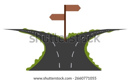 Split path illustration. Fork in the road, decision or choice, a career pathway or business decision making. The way to success. Choose the correct or incorrect way.