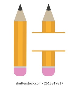 Split pencil parts. Full and half. Vector yellow illustration. Eraser and tip.