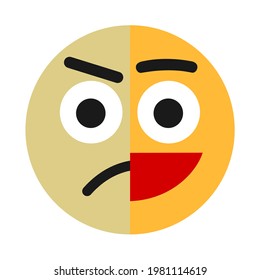 Split personality, bipolar disorder and schizophrenia - one person has positive happy and negative sad mood and emotion. Emotional and personal mental bipolarity. Vector illustration isolated on white