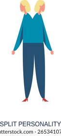 Transtorno de personalidade dividida. Também conhecido como transtorno dissociativo de identidade. Afeta uma mulher de pé com duas cabeças voltadas para direções opostas. Simbolizando as identidades conflitantes dentro de uma pessoa