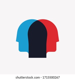 Split personality, psychosis, mental health concept with two crossed human heads silhouettes in red and blue colors. Vector illustration