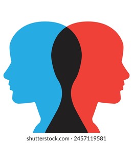 Split personality, psychosis,  Social Interaction Community Interact 
, mental health concept with two crossed human heads silhouettes in red and blue colors. Vector illustration