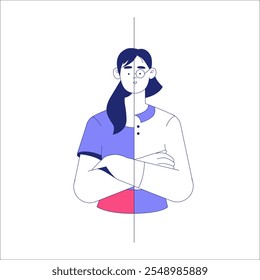 Representação De Personalidade Dividida De Uma Personagem Feminina Em Ilustração De Vetor Plano Simbolizando Contrastes Emocionais E Conceitos Psicológicos, Isolados Sobre Fundo Branco.