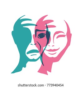 Split personality vector illustration. The mask of happiness and sadness. The contrast of human emotions.