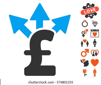 Split Pound Payment pictograph with bonus love graphic icons. Vector illustration style is flat iconic elements for web design, app user interfaces.