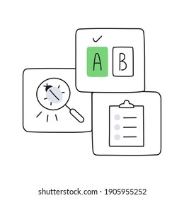 Split QA Testing, AB Testing, Looking For Bugs, Backlog Management. Three Cartoon Outline Vector On White.