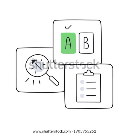 Split QA Testing, AB testing, looking for bugs, backlog management. Three cartoon outline vector on white.