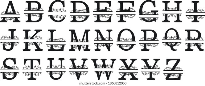 Split Regal Monogram Alphabet Letters Vector Cut Files Metal Laser Silhouette Cricut Font A to Z SVG Letters Dxf, Svg, Cdr, Eps, AI, Set 109