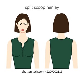 Split scoop henley neckline clothes knits, sweaters character beautiful lady in emerald top, shirt, dress technical fashion illustration. Flat apparel template front, back sides. Women, men mockup