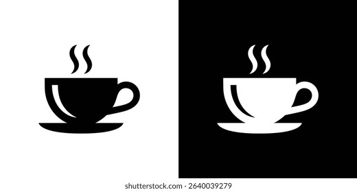A split screen displaying a black coffee cup icon on a white background and a white coffee cup icon on a black background with steam graphic.