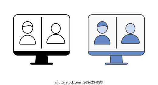Split screen with user icons in outline and color styles, vector illustration representing virtual meeting, online support session, or remote collaboration between individuals.