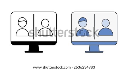 Split screen with user icons in outline and color styles, vector illustration representing virtual meeting, online support session, or remote collaboration between individuals.