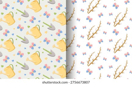 Split seamless spring design left side with watering cans, shovels, butterflies, and hearts on cream background right side with pussy willow branches and butterflies on white background, cheerful