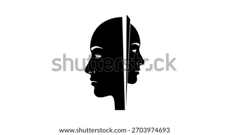Split silhouette of a human face, revealing two profiles facing opposite directions, symbolizing duality and introspection.