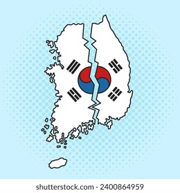 split South Korea country with a crack in the middle pop art retro hand drawn vector illustration. Comic book style imitation.