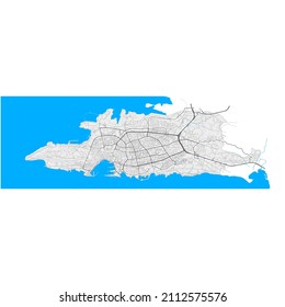 Split, Split-Dalmatia, Croatia high resolution vector map with city boundaries and editable paths. White outlines for main roads. Many detailed paths. Blue shapes and lines for water.