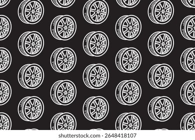 split spoke car line art seamless pattern on black background. alloy rim racing engraving doodle pattern background. car wheel rim hatching wallpaper for garage, workshop, detailing, exterior merch