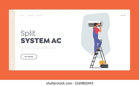Split System Ac Landing Page Template. Electrician Master Repair Broken Conditioner. Handyman Service, Male Character Fixing Home or Office Cooling System. Cartoon People Vector Illustration