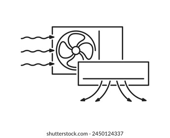 Split system air conditioner - indoor and outdoor unit in single icon with airflow visualization. In thin line