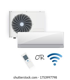 Split system air conditioner inverter . Realistic conditioning with with WiFi control over the internet and Antivirus features and remote control. Vector illustration climate control system.