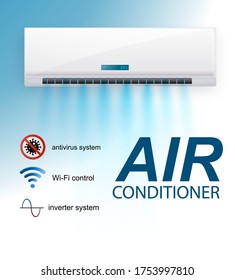 Split system air conditioner inverter . Realistic conditioning with with WiFi control over the internet and Antivirus features and remote control. Vector illustration climate control system.