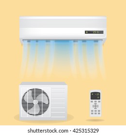 Split system air conditioning, vector illustration.  Including hanging air conditioner object with blowing air, white window conditioner item, remote control 