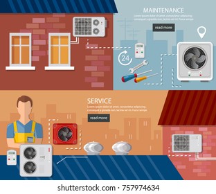 Split system check ventilation systems. Installation of air conditioners service banner. Air conditioner installment and air conditioning repair 