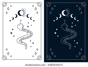 Split tarot cards collection with outline single line mystical snake and moon eclipse. Esoteric mystical deck with linear drawings. Vector design template, boho style. Monochrome design