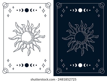 Split tarot cards set. Esoteric mystical deck with linear sun with beams. Vector design template, boho style. Monochrome outline design