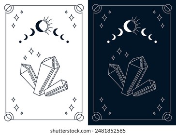 Split tarot cards set with mystical crystals and moon eclipse. Esoteric mystical deck with linear drawings. Vector design template, boho style. Monochrome outline design