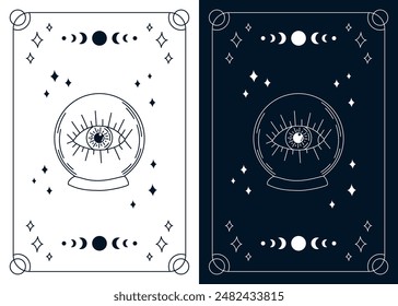 Split tarot cards set with outline crystal ball and moon eclipse. Esoteric mystical deck with linear drawings. Vector design template, boho style. Monochrome design