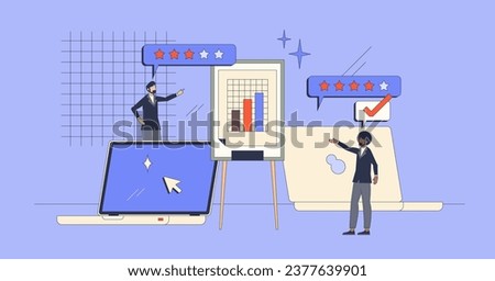 Split testing and different options in website retro tiny person concept. Website feedback comparison from multiple variations vector illustration. Customer satisfaction statistic research process.