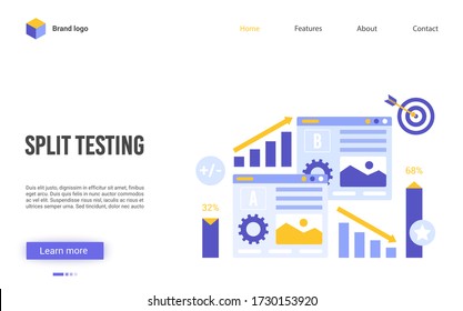 Split testing vector illustration. Cartoon flat website interface design for online service of conversion rate business optimization, AB test, researches A-B comparison analytics, choose better result