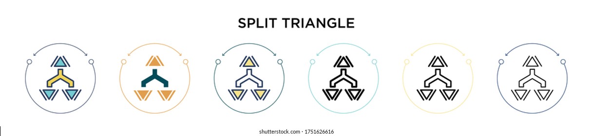 Split triangle icon in filled, thin line, outline and stroke style. Vector illustration of two colored and black split triangle vector icons designs can be used for mobile, ui, web