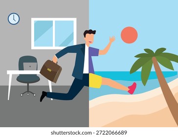 Vista dividida del hombre de negocios corriendo de la oficina a unas vacaciones en la playa tropical. Ilustración de stock