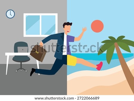 Split View of Businessman Running from Office to a Tropical Beach Vacation. Stock Illustration