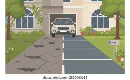 Split view comparison showcases a cracked damaged concrete driveway versus a smooth newly paved asphalt surface.