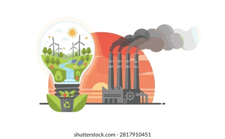 Split view showing a clean ecosystem inside a light bulb alongside a polluting factory emitting heavy smoke.